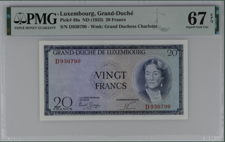 收藏联盟Quantum Auction 第212期拍卖  卢森堡1955年20法郎 PMG67 