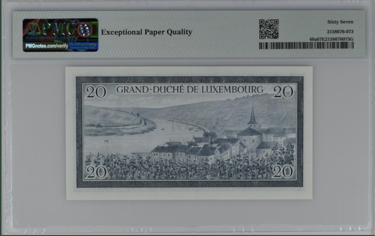 收藏联盟Quantum Auction 第212期拍卖  卢森堡1955年20法郎 PMG67 