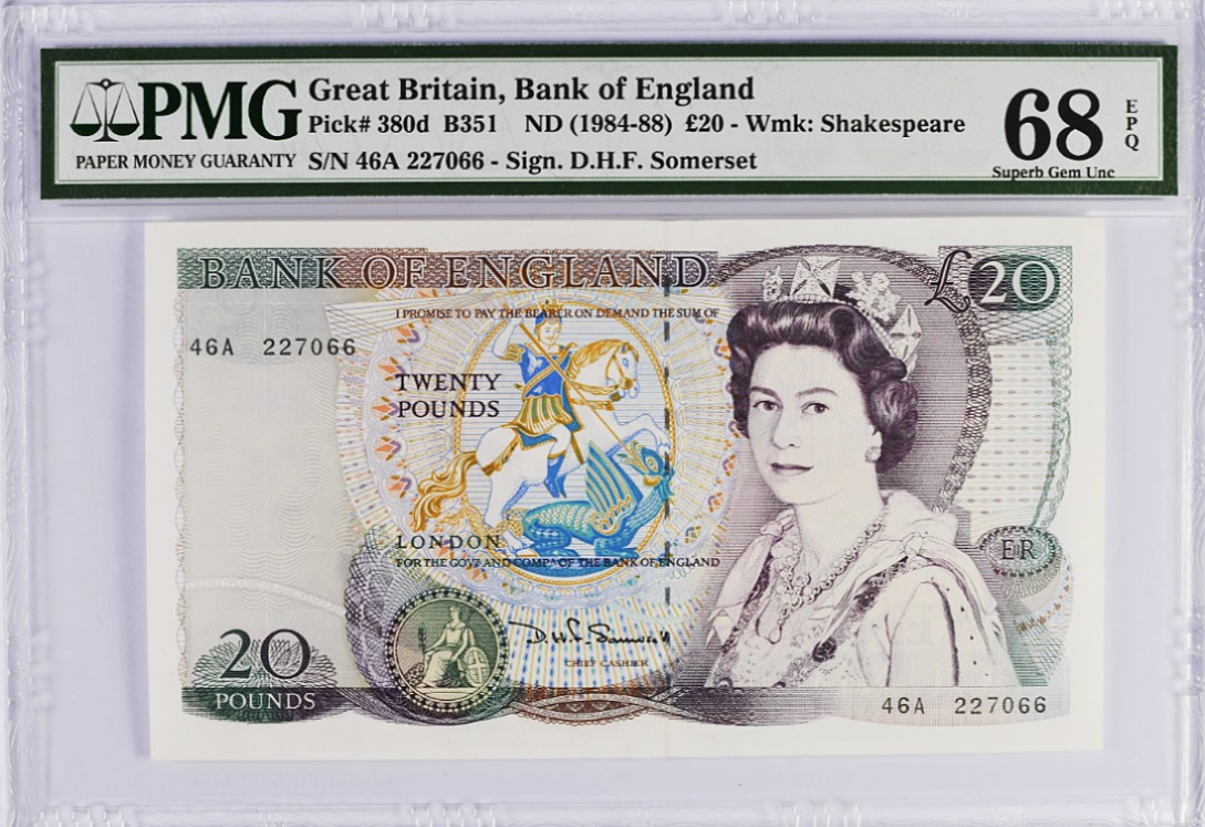 《张总收藏》81期——外币世界杯 英国D序列20镑PMG68E冠军分A冠双尾66
