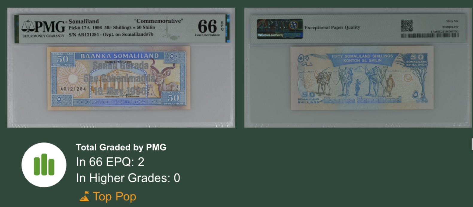 收藏联盟Quantum Auction 第212期拍卖  索马里1996年50先令纪念钞 PMG66 冠军分 稀少加盖银色字版