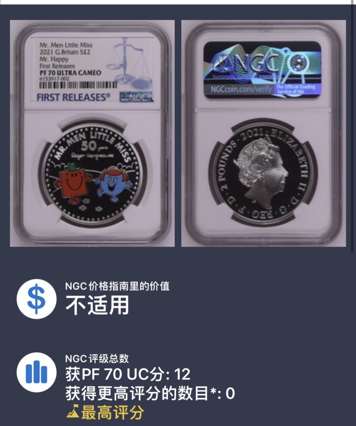收藏联盟Quantum Auction 第212期拍卖  英国2021年2英镑   NGC PF70UC 满分级别 首发蓝标  Mr.Men Little Miss系列 开心先生 彩色精制银币