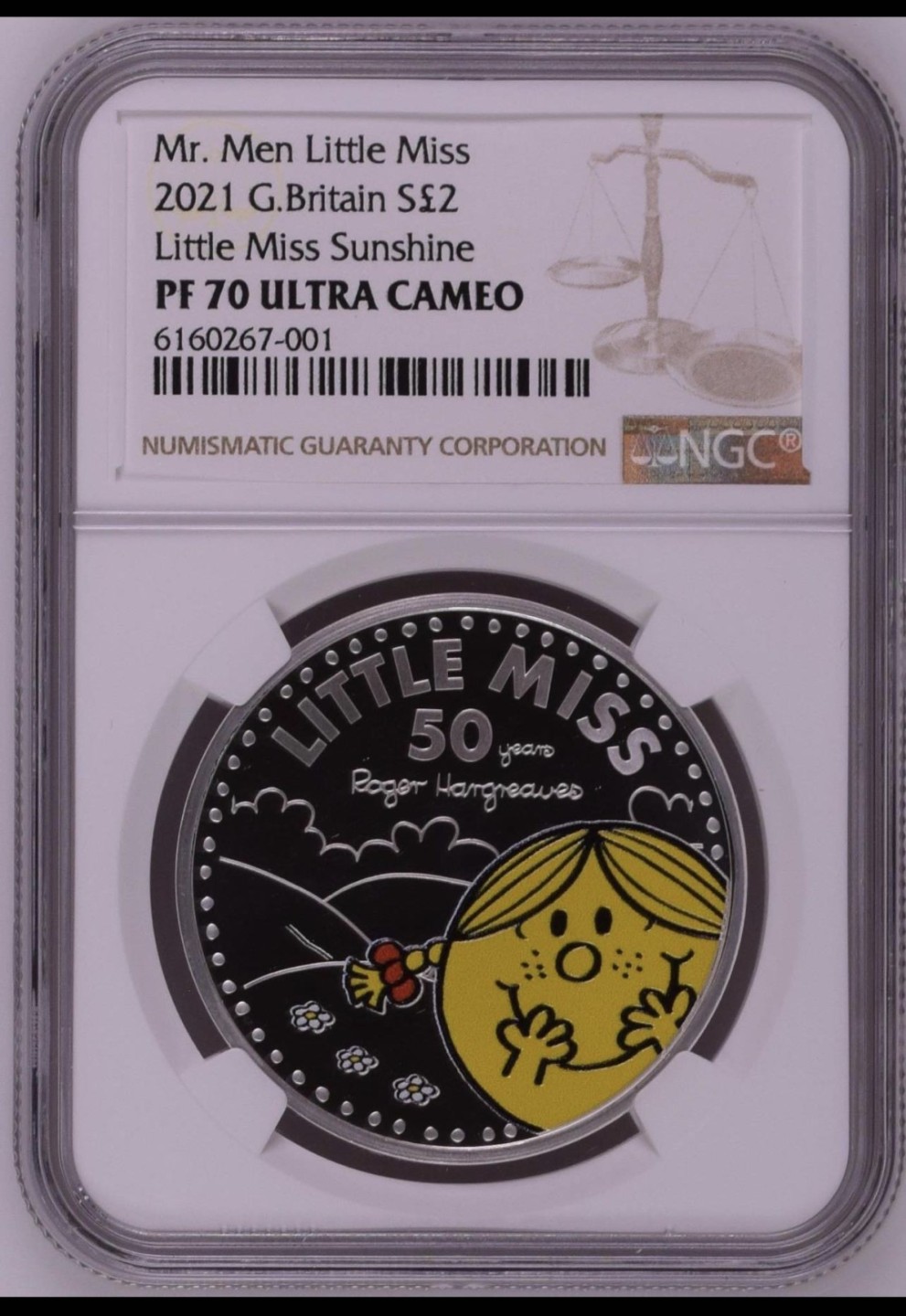 收藏联盟Quantum Auction 第212期拍卖  英国2021年2英镑 NGC PF70UC 满分级别 首发蓝标 Mr.Men Little Miss系列 阳光小姐姐彩色精制银币 