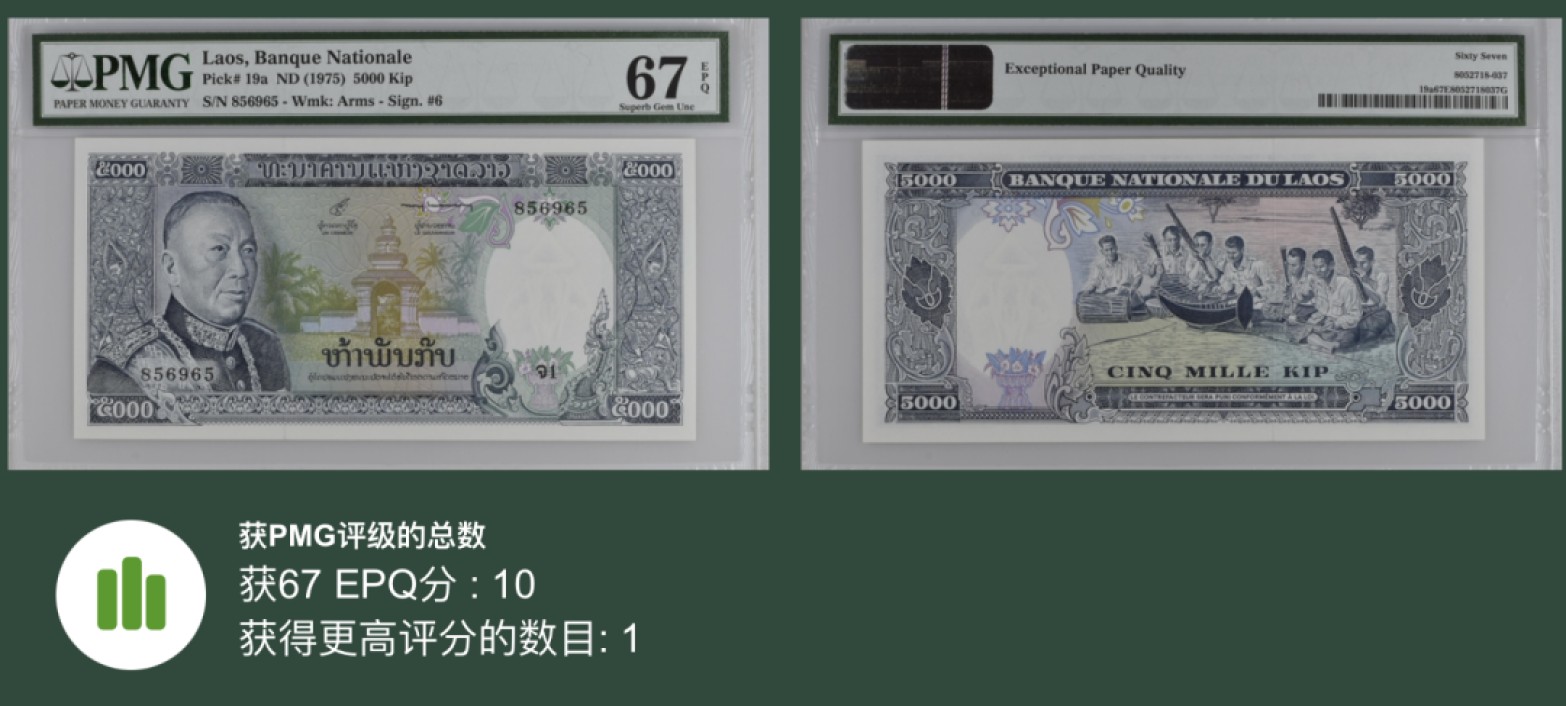收藏联盟Quantum Auction 第212期拍卖  老挝1975年5000基普 PMG67 稀少冠军分 号码无47