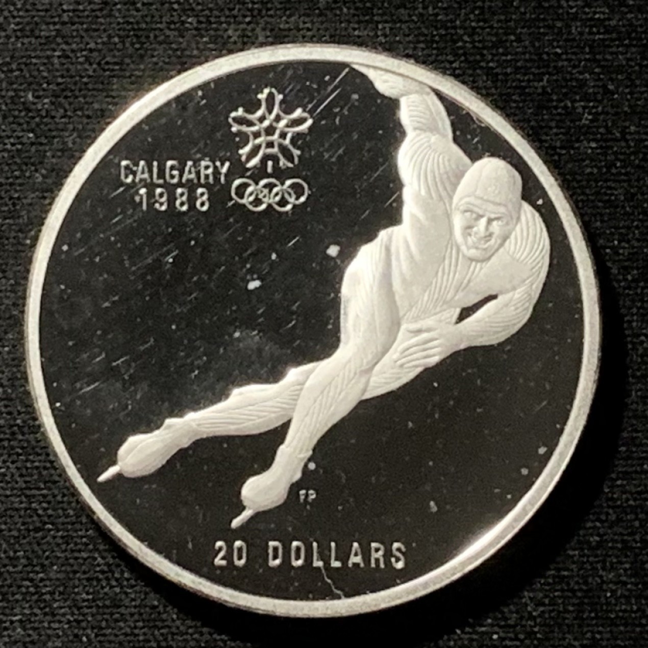 紫瑗钱币——第249期拍卖 加拿大 1985年 卡尔加里冬奥运 短道速滑 20元 银币 34.1克 0.925银 精制 原盒