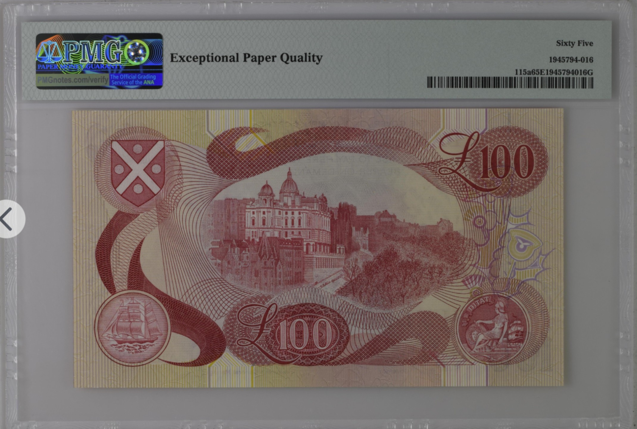 收藏联盟Quantum Auction 第212期拍卖  苏格兰1971年100镑 PMG65 首发A冠 唯一冠军分 号码无47