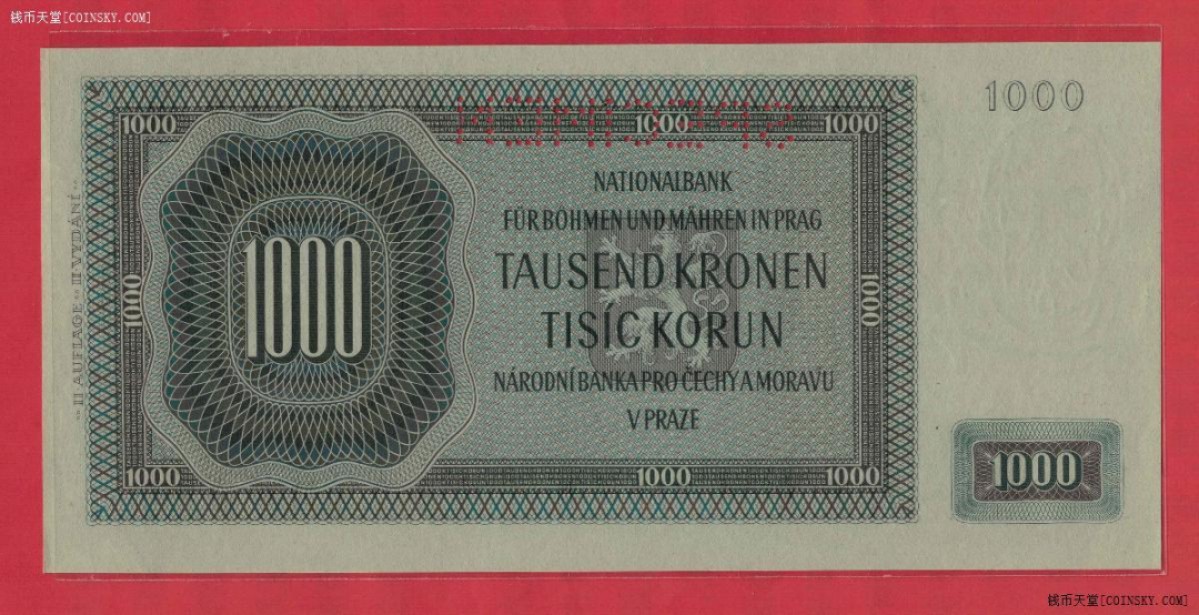 波西米亚(波希米亚)摩拉维亚1942年1000克朗 样钞(样票 票样) 实物图 UNC
