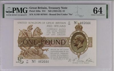 收藏联盟Quantum Auction 第212期拍卖  - 英国1922-23年1镑 PMG64 乔治五世国王 非常稀少 NO带圆点版
