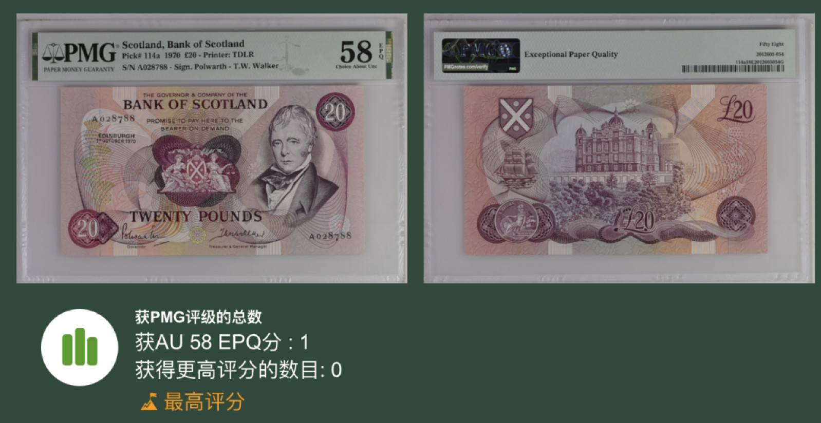 收藏联盟Quantum Auction 第212期拍卖  苏格兰1970年20镑 PMG58 首发A冠 唯一冠军分 号码无4