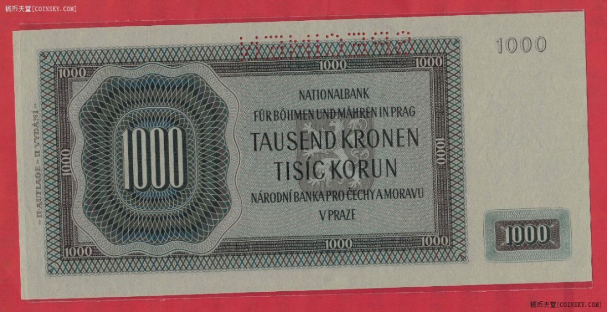波西米亚(波希米亚)摩拉维亚1942年1000克朗 样钞(样票 票样) 实物图 UNC