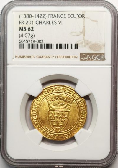 稀！1380-1422法国查理六世金埃居NGC-MS62顶级品相！