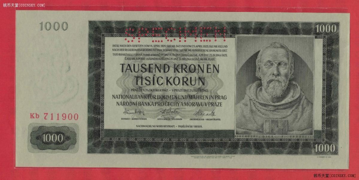 波西米亚(波希米亚)摩拉维亚1942年1000克朗 样钞(样票 票样) 实物图 UNC