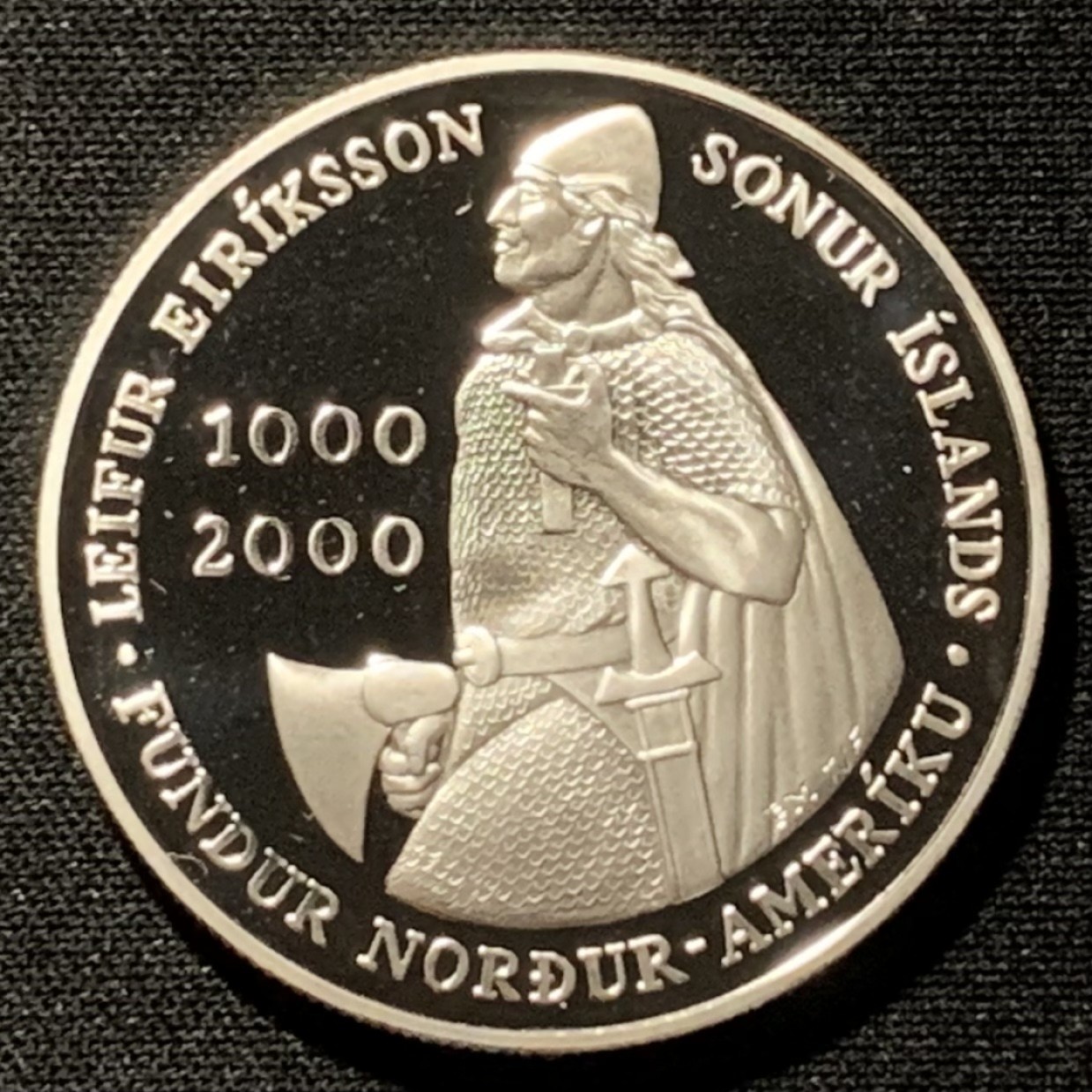 紫瑗钱币——第262期拍卖 冰岛 2000年 莱弗·埃里克松发现纽芬兰1000周年 1000克朗 26.73克 0.9银 精制