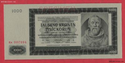 波西米亚(波希米亚)摩拉维亚1942年1000克朗 样钞(样票 票样) 实物图 UNC - 波西米亚(波希米亚)摩拉维亚1942年1000克朗 样钞(样票 票样) 实物图 UNC