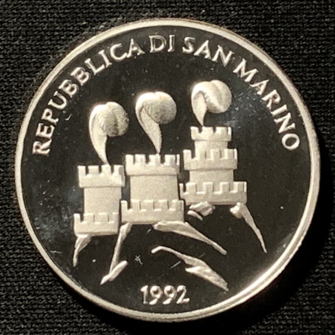 紫瑗钱币——第249期拍卖 圣马力诺 1992年 巴塞罗那奥运会 古代运动者 1000里拉 14.6克 0.835银 精制