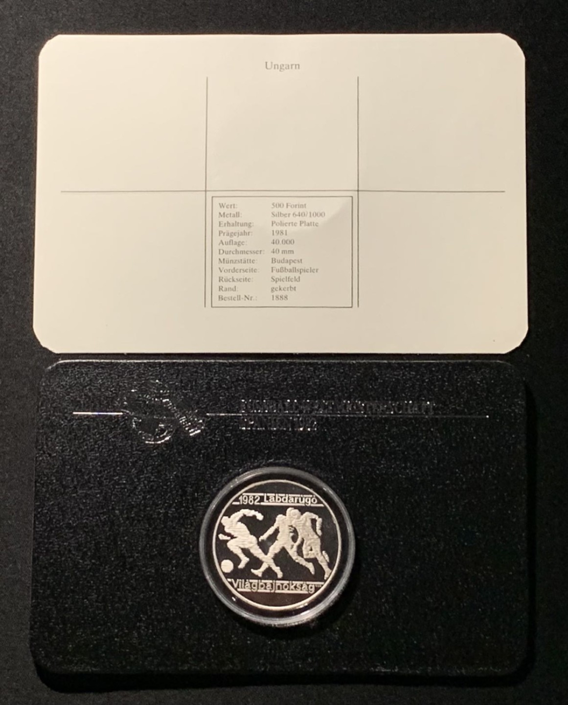 紫瑗钱币——第249期拍卖 匈牙利 1981年 西班牙世界杯 足球 500福林 28克 0.64银 精制 德国原装卡