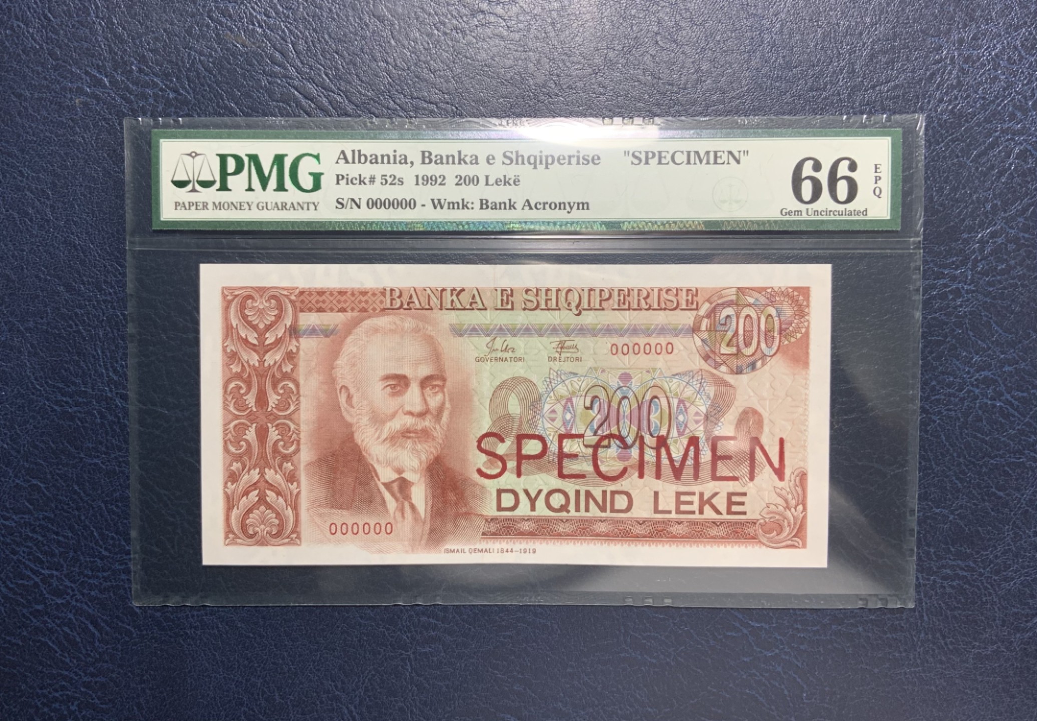 收藏联盟Quantum Auction 第212期拍卖  阿尔巴尼亚1992年200列克样票 PMG66 中国代印
