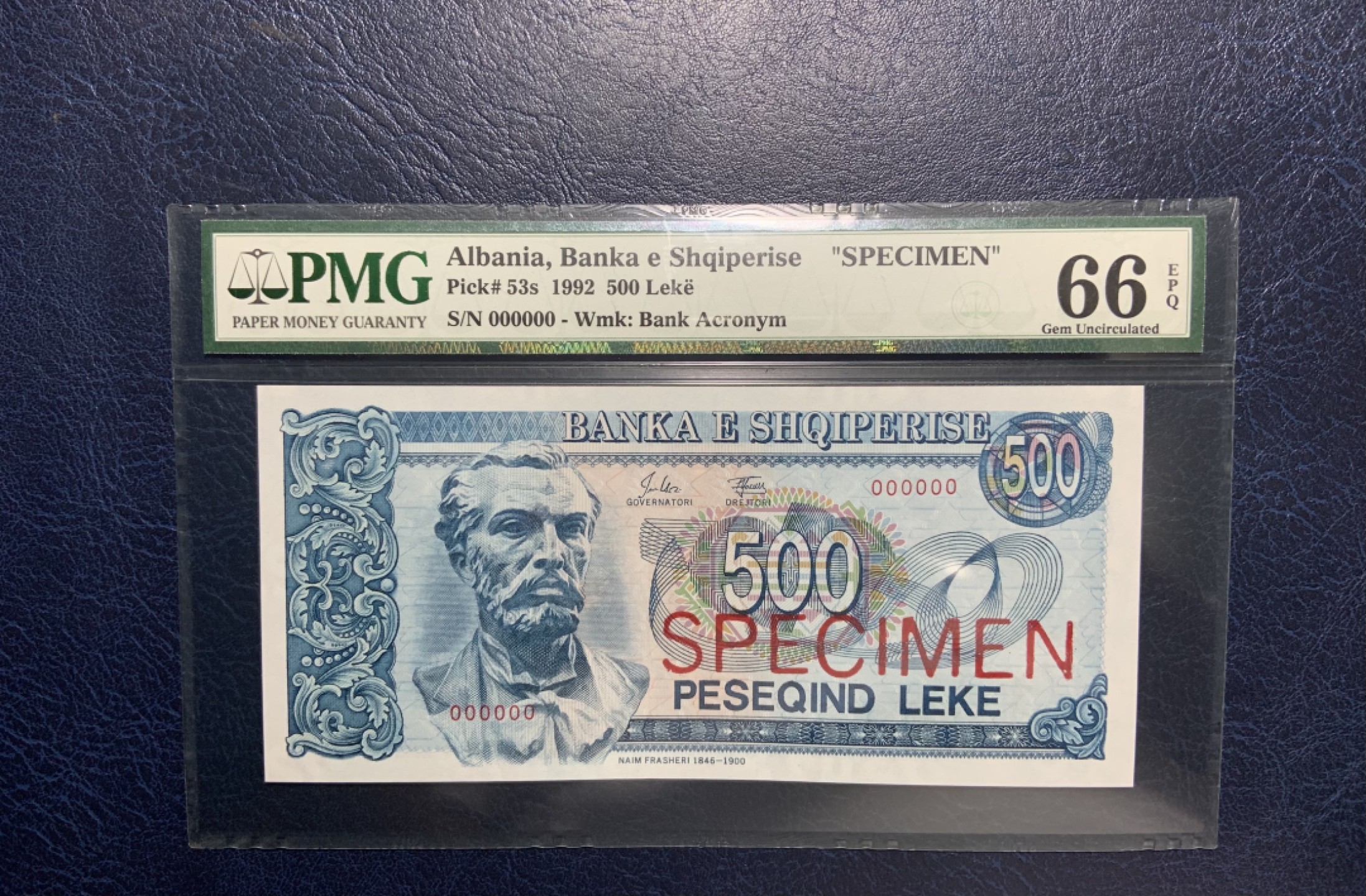 收藏联盟Quantum Auction 第212期拍卖  阿尔巴尼亚1992年500列克样票 PMG66 中国代印