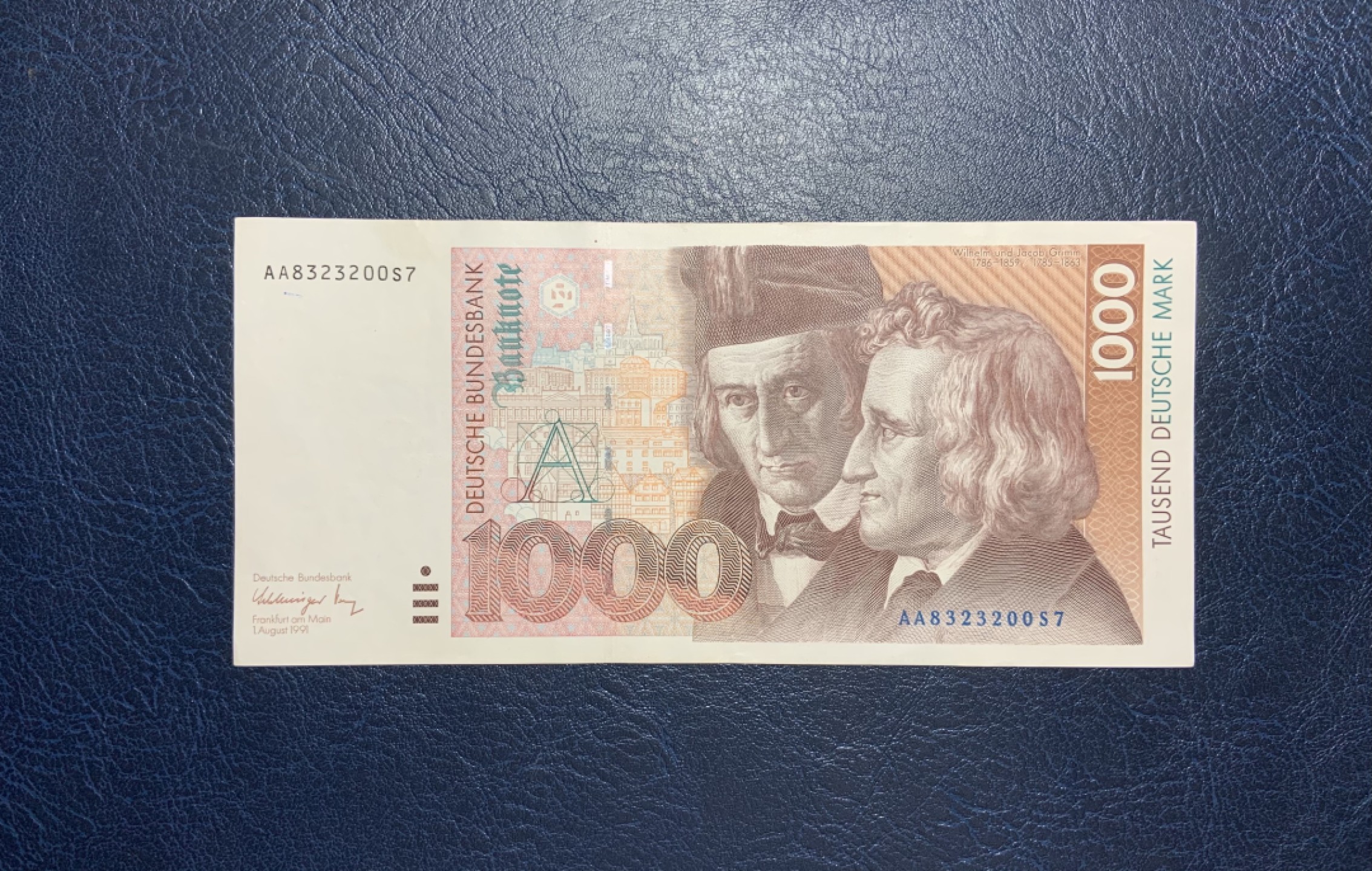 收藏联盟Quantum Auction 第212期拍卖  德国联邦1991年1000马克 品相AU-  AA冠号码无4 格林兄弟