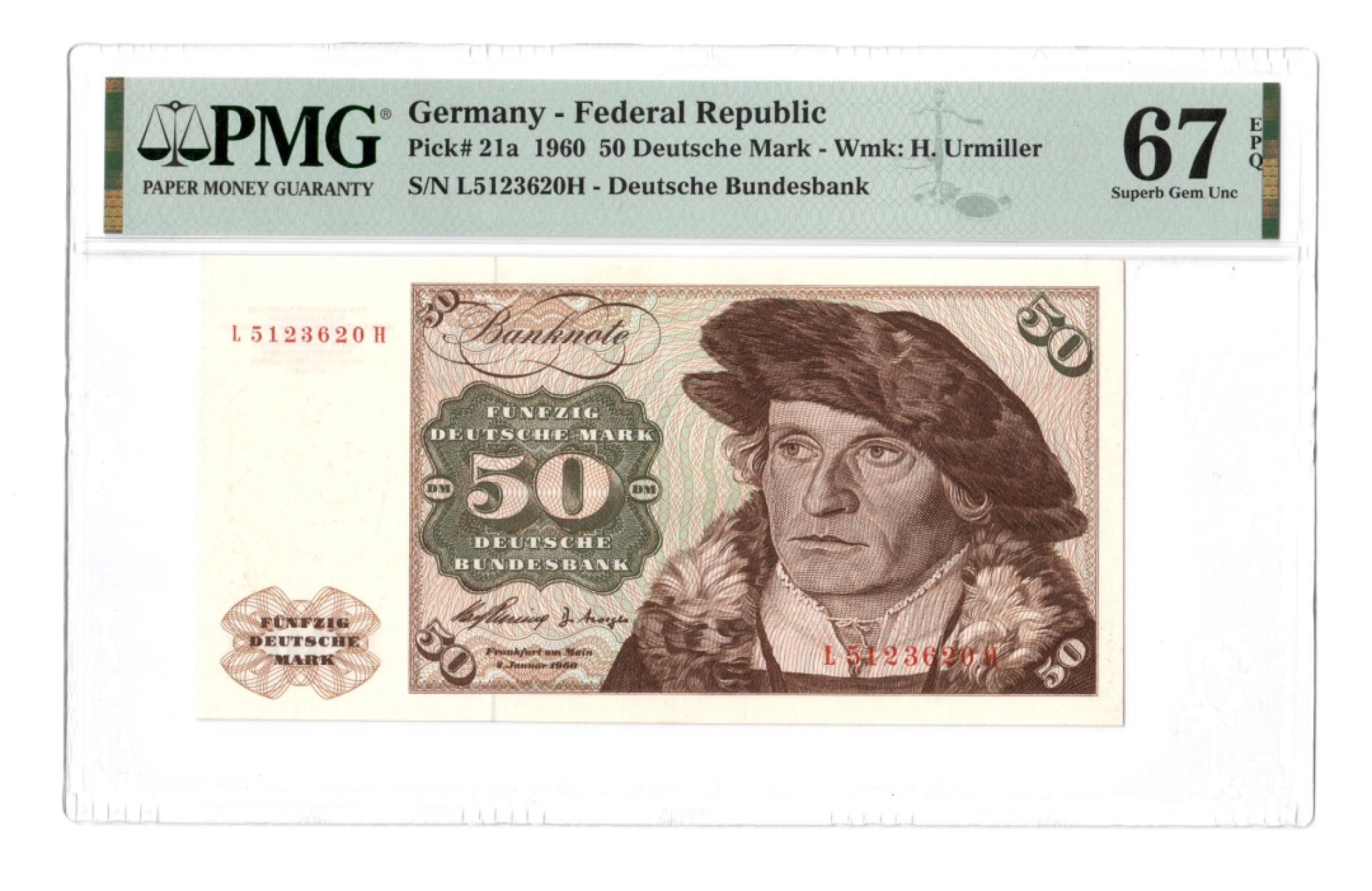 收藏联盟Quantum Auction 第212期拍卖  德国联邦1960年50马克 PMG67 初版