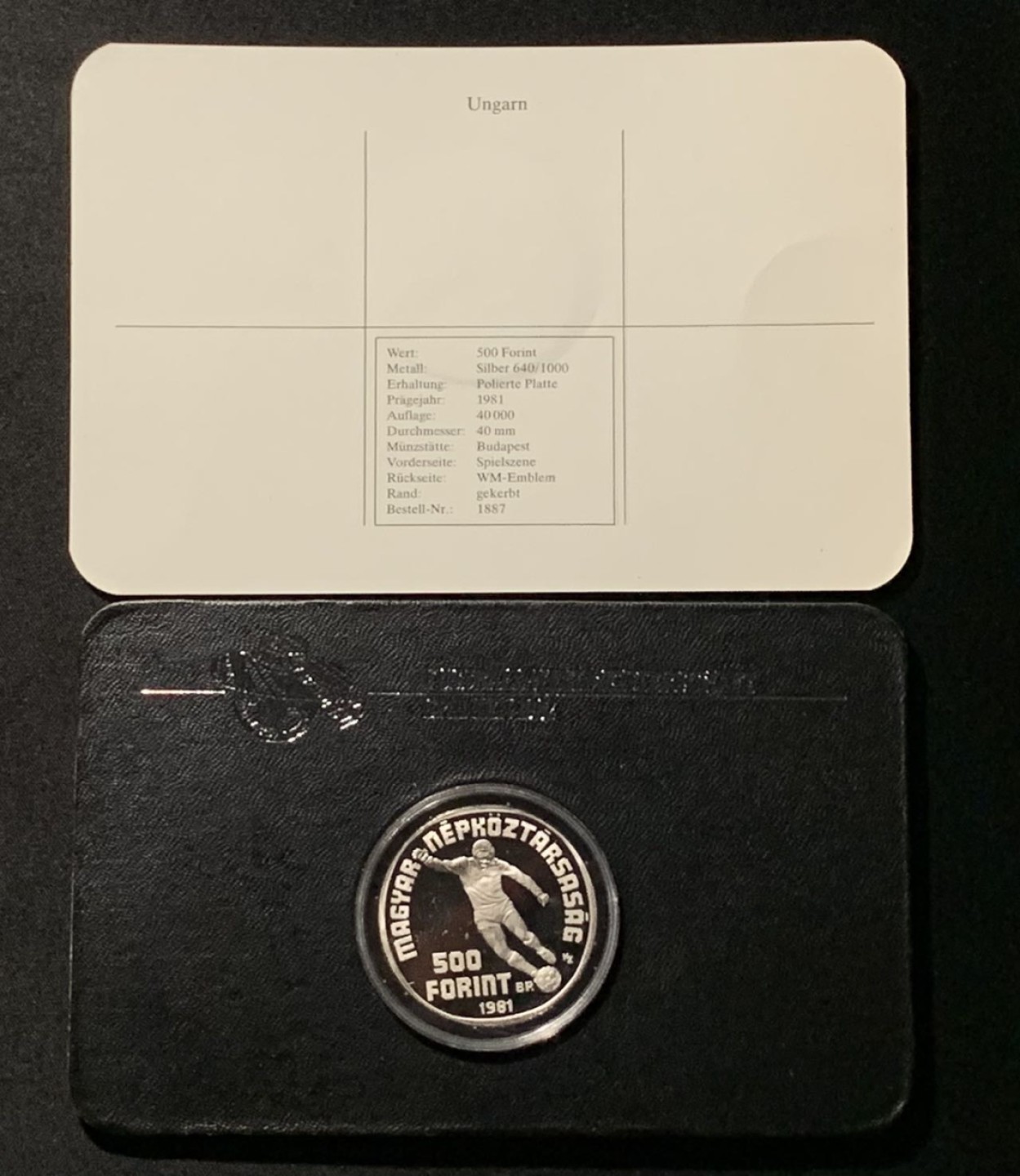 紫瑗钱币——第249期拍卖 匈牙利 1981年 西班牙世界杯 带球 500福林 28克 0.64银 精制 德国原装卡