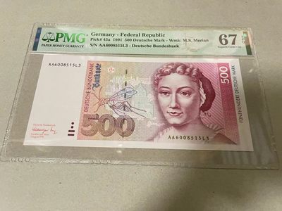 【Blue Auction】✨世界纸币精拍第257期——莫总专场X - 【AA冠初版无47】德国 1991年500马克 PMG67EPQ 高分梅里安