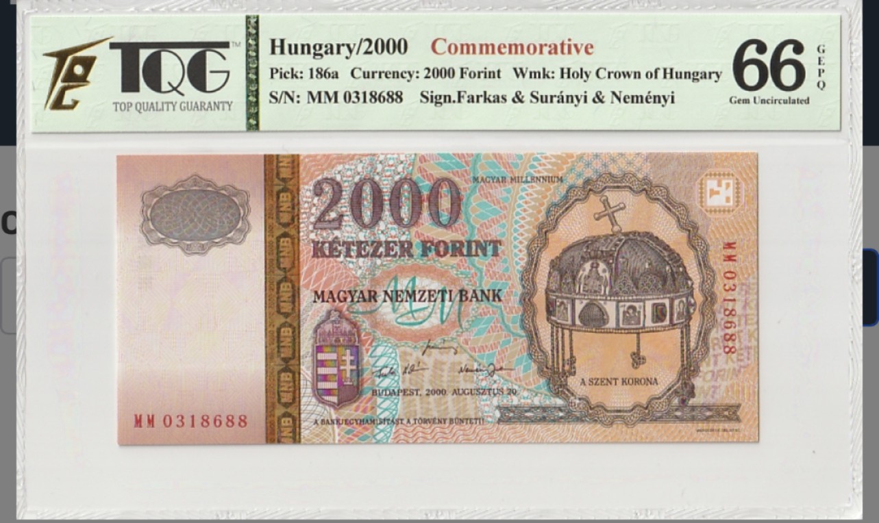 收藏联盟Quantum Auction 第213期拍卖  匈牙利2000年2000福林千禧年纪念钞 TQG66
