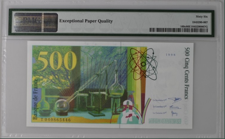 收藏联盟Quantum Auction 第213期拍卖  法国1998年500法郎 PMG66 居里夫妇