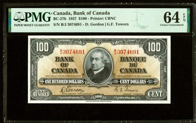 【Blue Auction】✨世界纸币精拍第258期——周六畅拍场【精】 - 【增值品种】加拿大 1937年100元 乔治套次高值 加拿大国父——约翰·亚历山大·麦克唐纳 凑套必备 PMG64EPQ 全新原票 雕刻精美