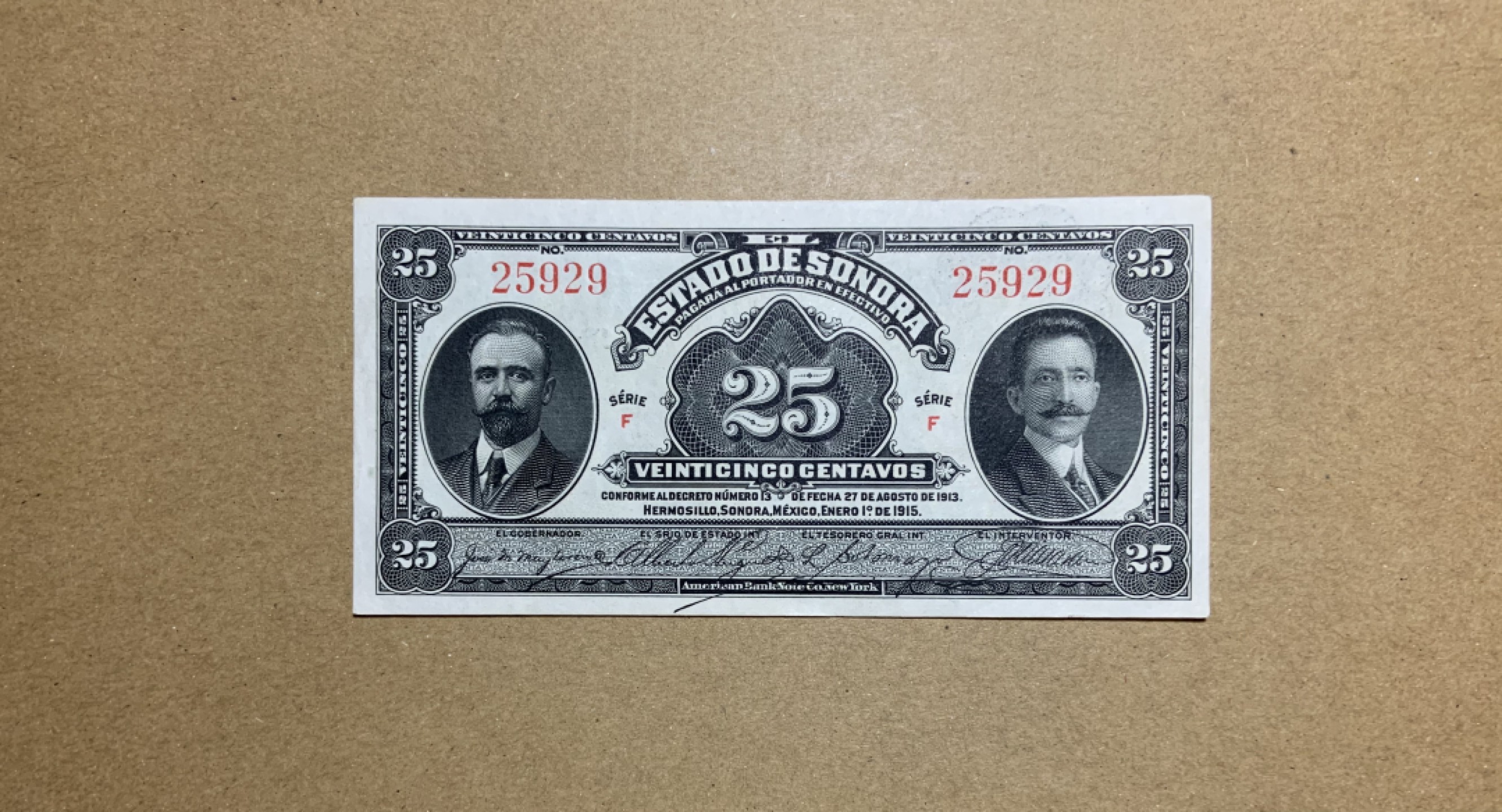 收藏联盟Quantum Auction 第213期拍卖  墨西哥1913年25分 品相全新UNC 美钞公司代印 四角微黑