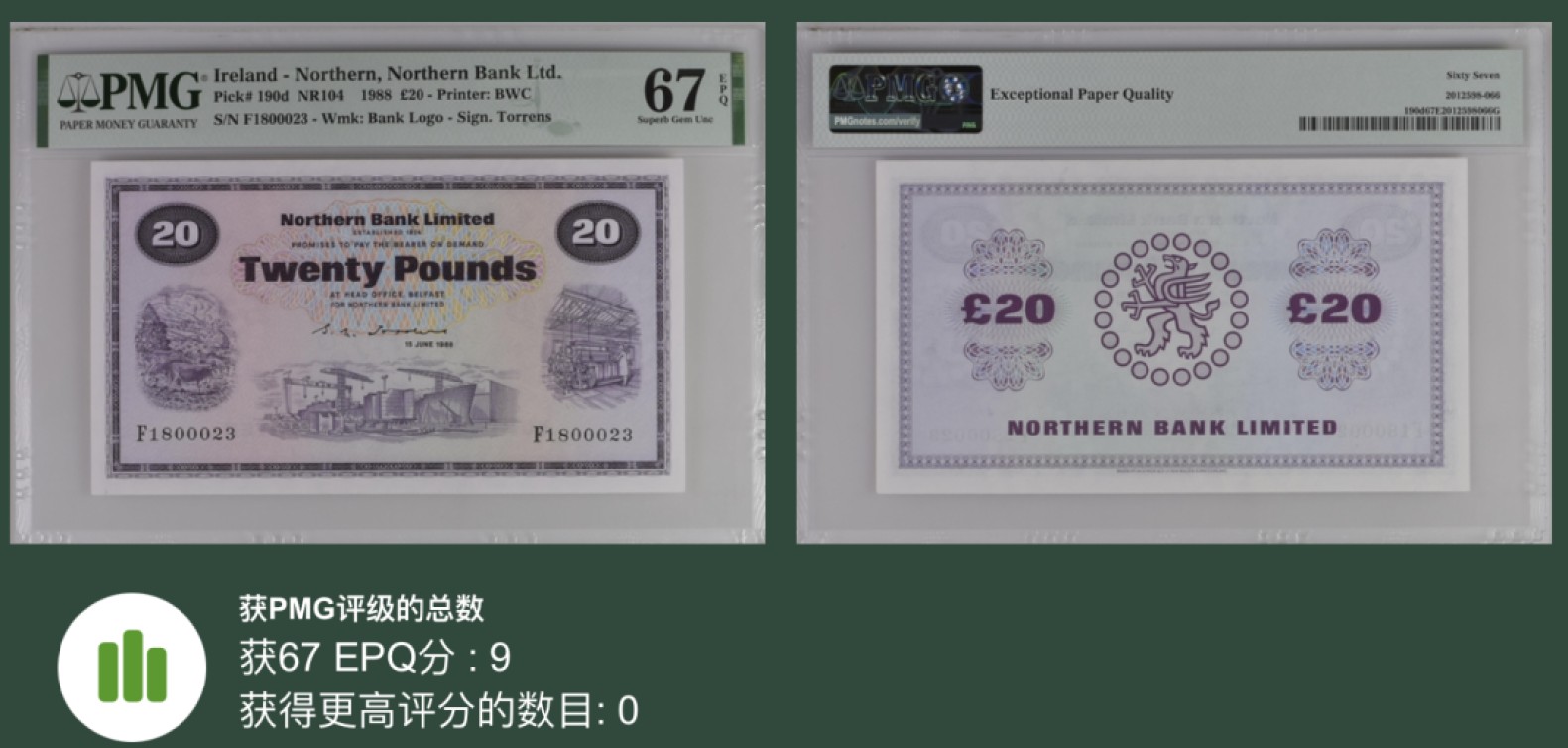 收藏联盟Quantum Auction 第213期拍卖  北爱尔兰北方银行1988年20镑 PMG67 稀少冠军分 23位小号(F18位冠字)