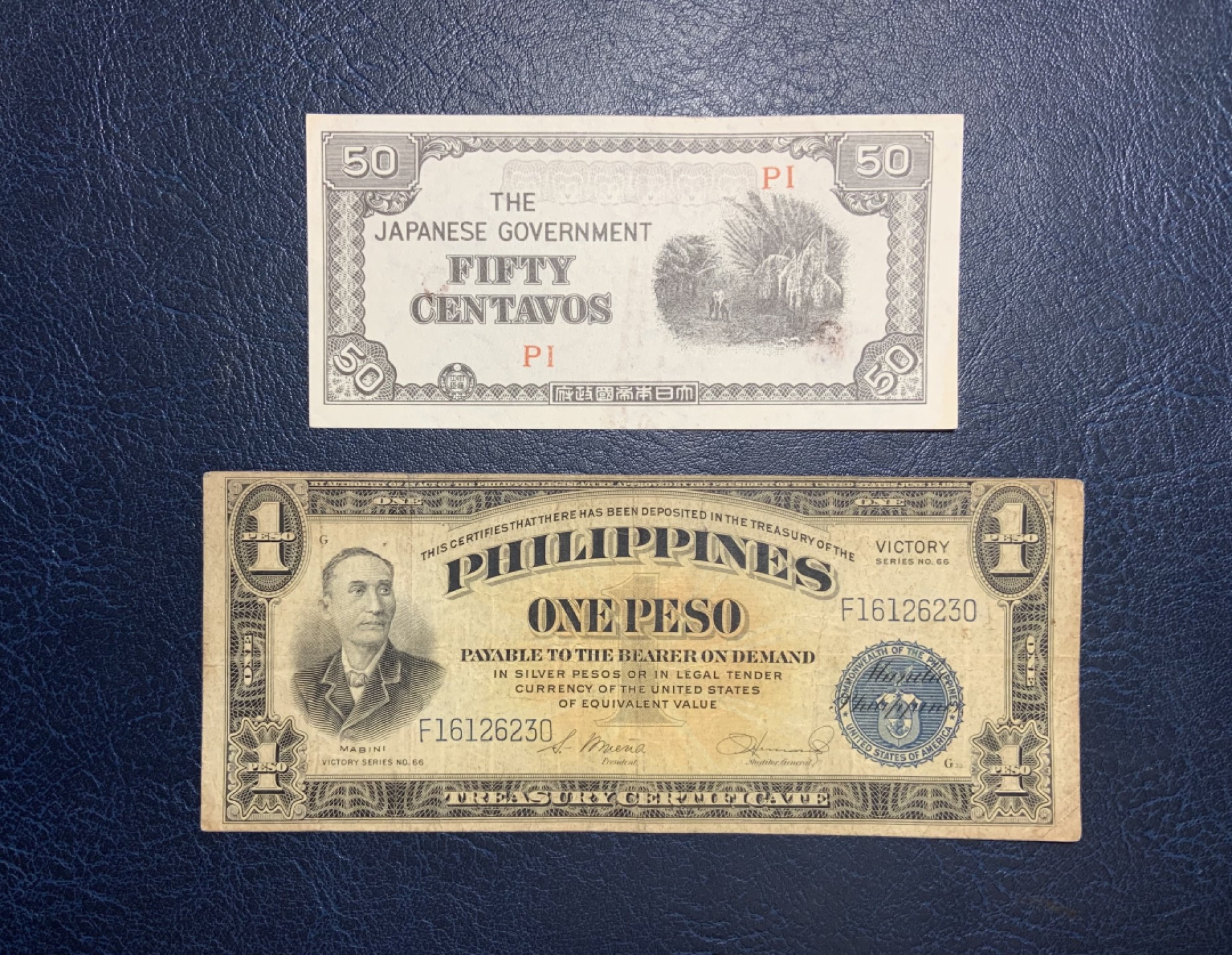 收藏联盟Quantum Auction 第213期拍卖  菲律宾1944年50分个1比索 品相如图 1比索为胜利券   50分为日占时期发行