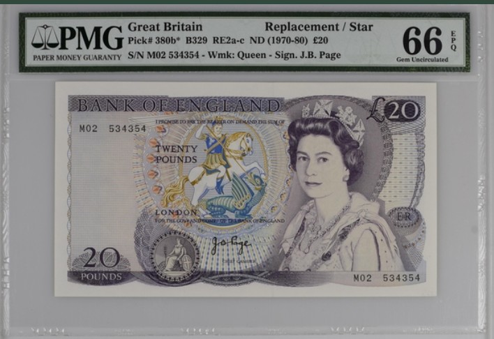 收藏联盟Quantum Auction 第213期拍卖  英国1970-80年20镑补号 PMG66 女王头像水印 莎士比亚