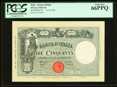 【Blue Auction】✨世界纸币精拍第258期——周六畅拍场【精】 - 意大利 早期 1943-44年50里拉 PCGS绿标66EPQ 设计精美