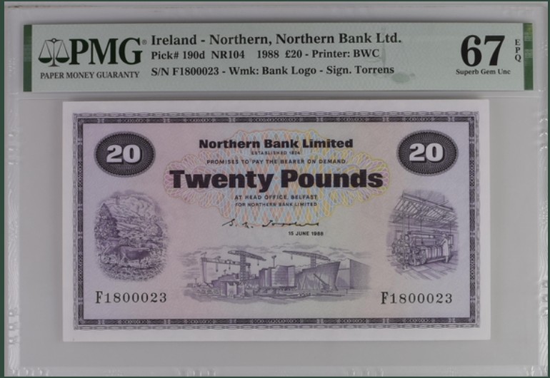 收藏联盟Quantum Auction 第213期拍卖  北爱尔兰北方银行1988年20镑 PMG67 稀少冠军分 23位小号(F18位冠字)