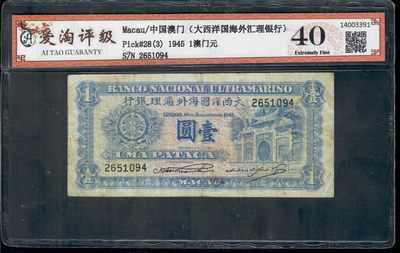 爱淘收藏第五期，无佣金，得标3件包邮 - 爱淘评级，澳门1945年大西洋国海外汇理银行壹圆纸币