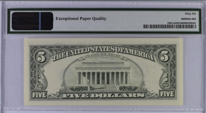 收藏联盟Quantum Auction 第213期拍卖  美国1995年联邦储备券5元 PMG66 百位号 倒置号 无3457 少见