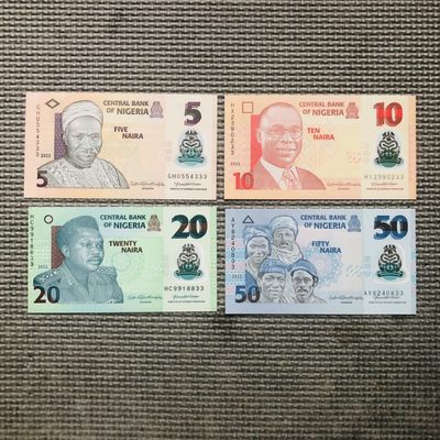57th 非洲塑料钞，纸钞和纸塑复合钞，流通钞和纪念钞（靓号，首发冠，样票） - 尼日利亚2022年5-10-20-50奈拉，塑料小全套（含豹子号333）（GH0554333），市场价30+