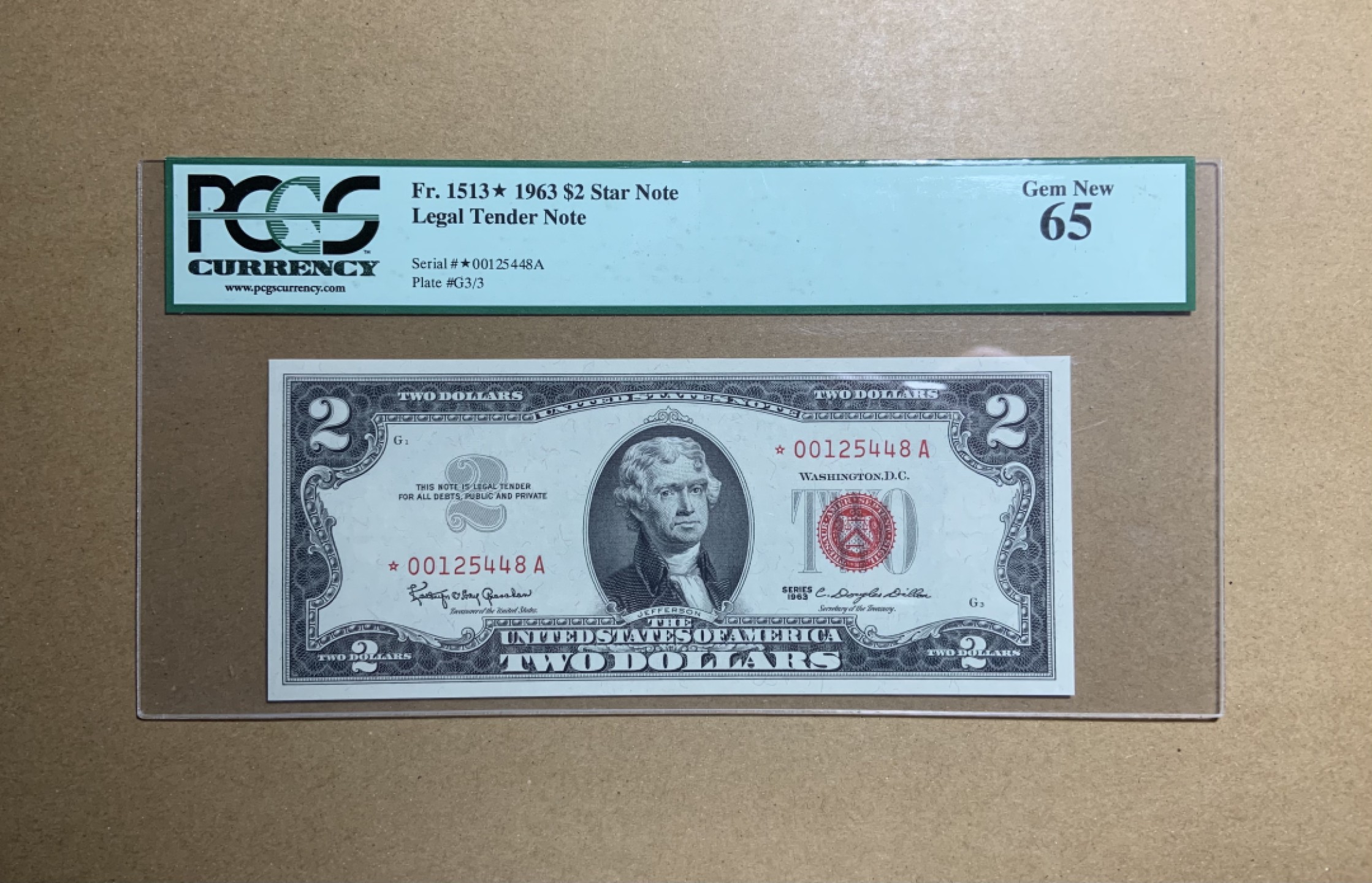 收藏联盟Quantum Auction 第213期拍卖  美国1963年政府券2元星补号 PCGS65