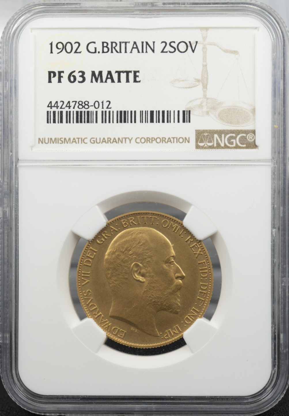 万国钱币拍卖第002期（全场免佣金） 1902 英国爱德华七世精制2索维林金币 917金 重15.98克 今年5月HA同分成交3360美金