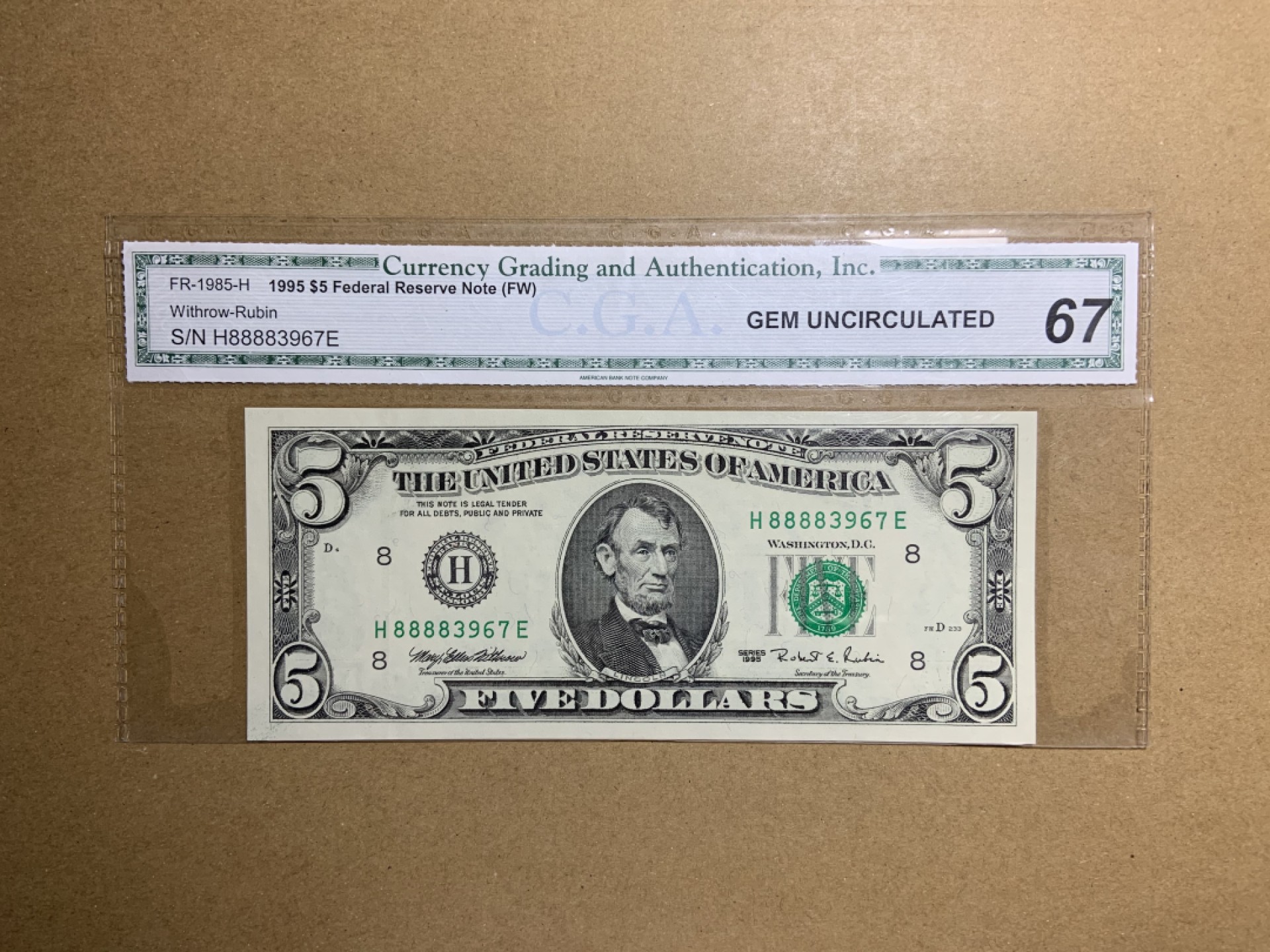 收藏联盟Quantum Auction 第213期拍卖  美国1995年联邦储备券5元 CGA67 号码无4 狮子号8888开头