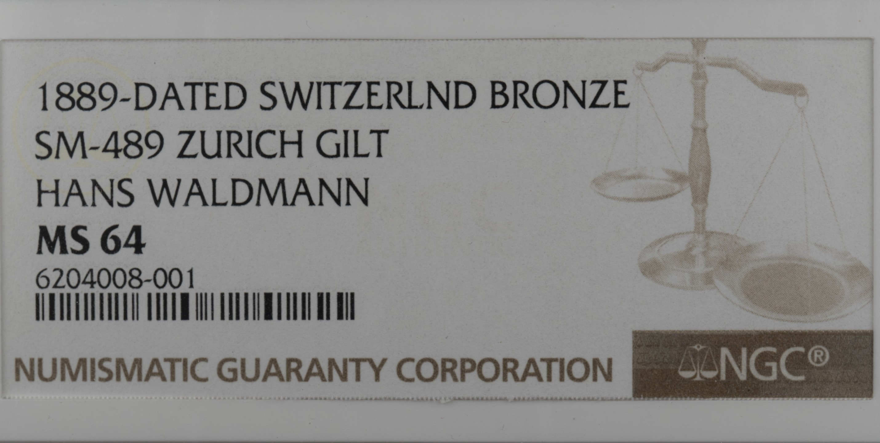 万国钱币拍卖第002期（全场免佣金） 1889 瑞士联邦苏黎世纪念汉斯·沃尔德曼逝世400周年镀金大铜章，69mm 
