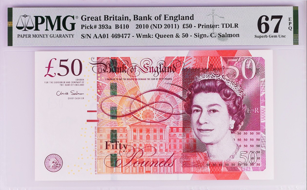 《张总收藏》82期——外币荟萃 2010年英国F序列50镑A01冠PMG67E高分难得