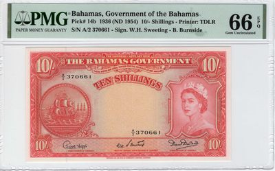 【Blue Auction】✨世界纸币精拍第260期——莫总专场XI【精】 - 巴哈马 1936年10先令 PMG66EPQ 大冠女王 精美