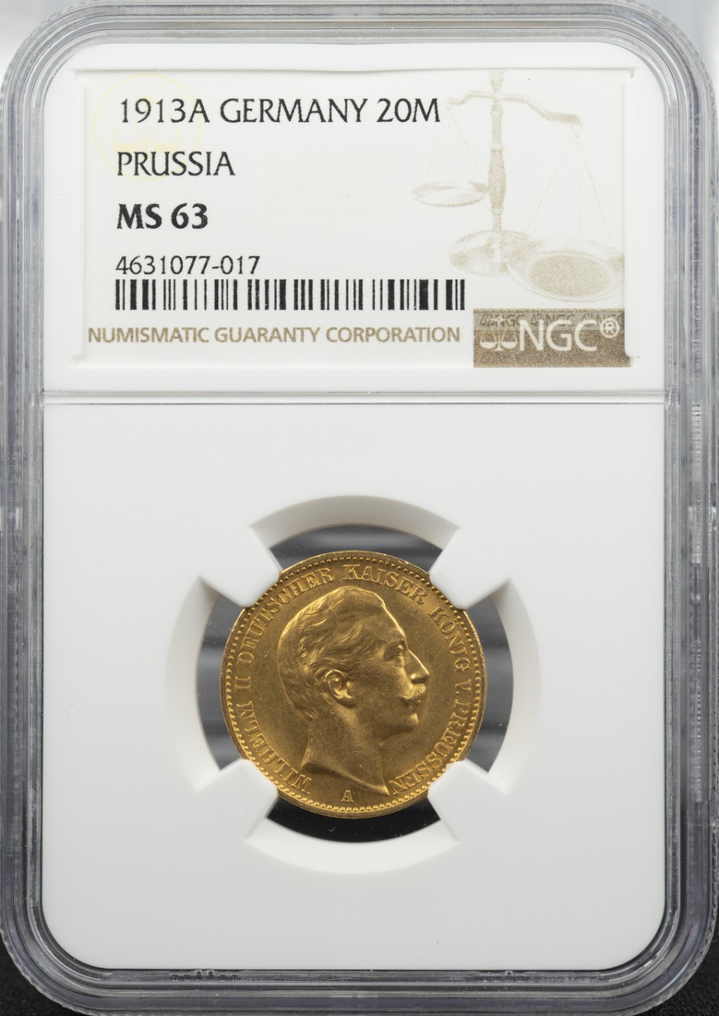 万国钱币拍卖第002期（全场免佣金） 1913 德国普鲁士威廉二世20马克金币 900金 重7.97克