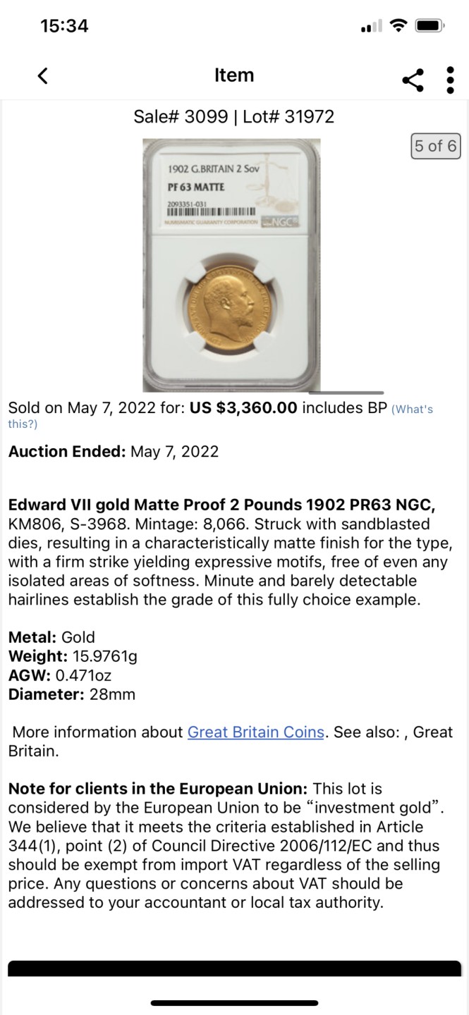 万国钱币拍卖第002期（全场免佣金） 1902 英国爱德华七世精制2索维林金币 917金 重15.98克 今年5月HA同分成交3360美金