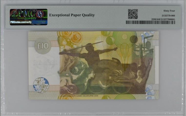 收藏联盟Quantum Auction 第215期拍卖 苏格兰克莱斯戴尔银行2006年10镑英联邦运动会纪念钞 PMG64e