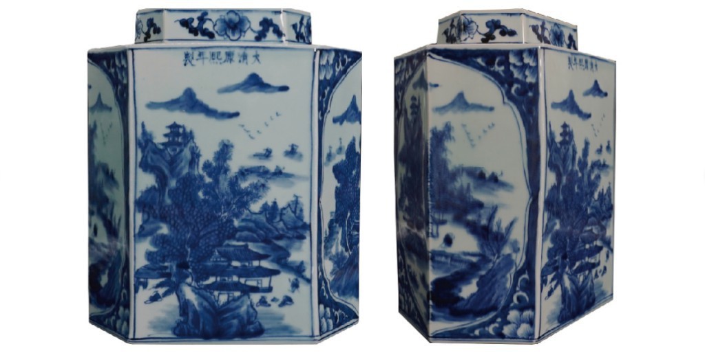 聚宝轩2022秋拍 清·康熙翠毛兰青花六棱盖罐