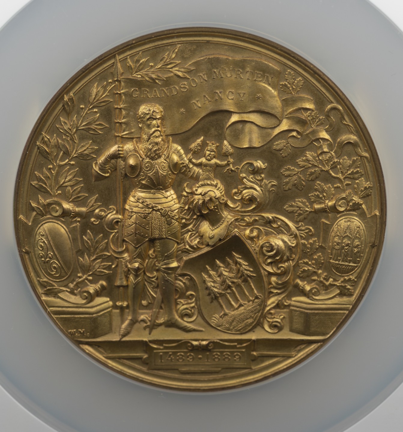 万国钱币拍卖第002期（全场免佣金） 1889 瑞士联邦苏黎世纪念汉斯·沃尔德曼逝世400周年镀金大铜章，69mm 