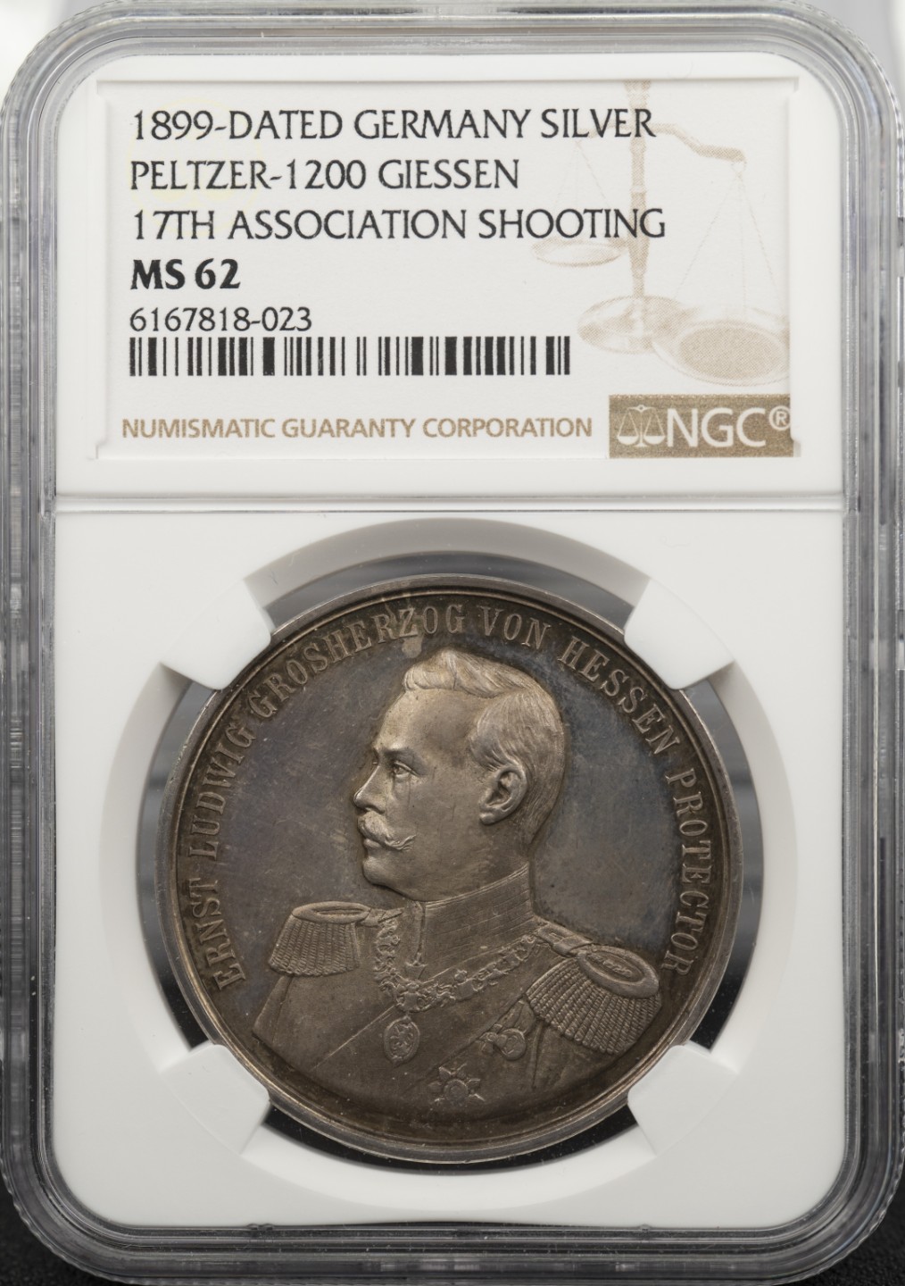 万国钱币拍卖第002期（全场免佣金） 1899年德国黑森-达姆施塔特-吉森第17届射击节五彩景观大银章，40mm 28g，少见品种，低评显而易见