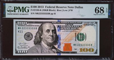 《家喻户晓》世界靓号纸钞第七期 - 2013美国100美元 数二大象号333333 高分PMG68